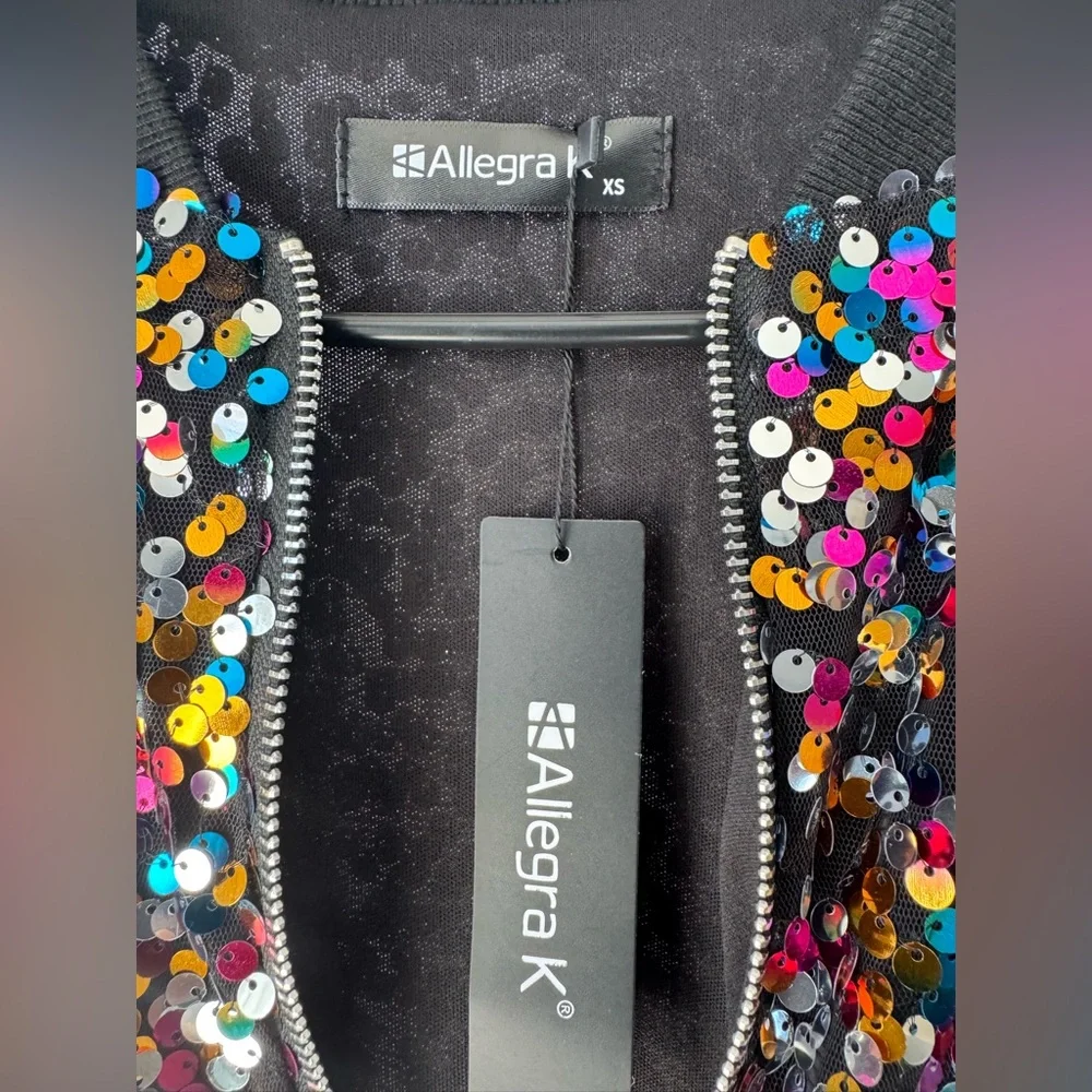 Allegra K Black Bomber Jacket Multicolor Sequins Front Zipper Closure Size XS